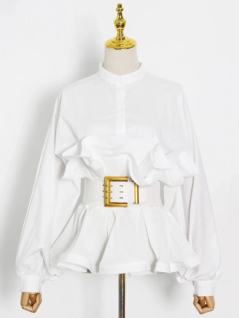 Elegant Patchwork Ruffle Sashes Blouse for Women Stand Collar Long Sleeve Korean Tunic Blouse Female Fashion New