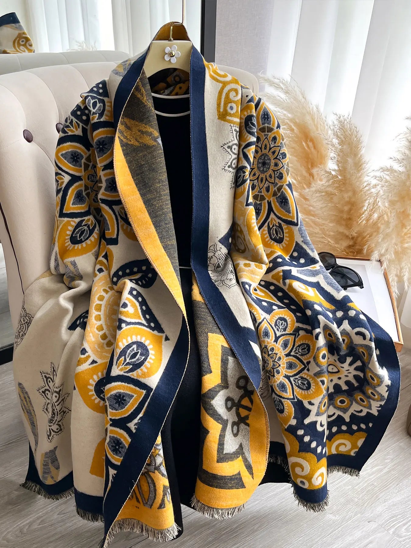 Elegant Floral Knit Scarf for Women, Boho Style Double-Sided Shawl, Fall & Winter Warm Daily Wear, Fitted Design, Floral Print Scarf, Boho Floral Scarves