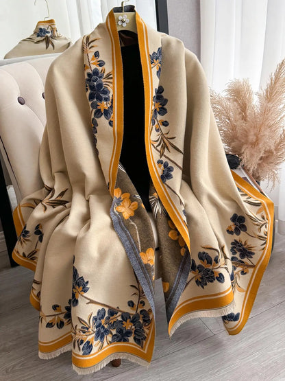 Elegant Floral Knit Scarf for Women, Boho Style Double-Sided Shawl, Fall & Winter Warm Daily Wear, Fitted Design, Floral Print Scarf, Boho Floral Scarves
