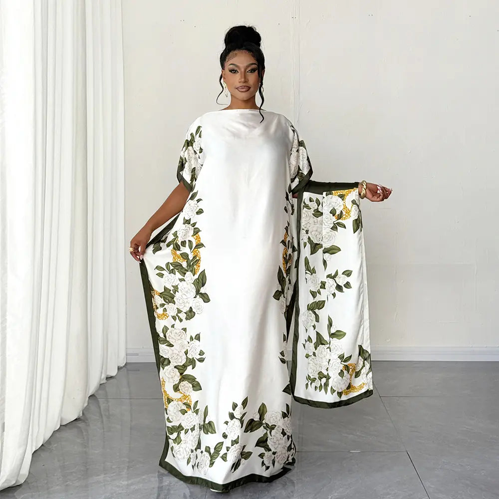 Moomoo Women'S 2 Piece Sets, Bohemian Peacock & Plants Satin Cape Robe with Scarf, plus Size Friendly Maxi Cover up for Resort, Hand Wash, Bathing Suit, Beach Wear, Bathing Suit Cover, Silky, Bikini Coverup, Moo Moo for Women, Stylish Women'S Wear