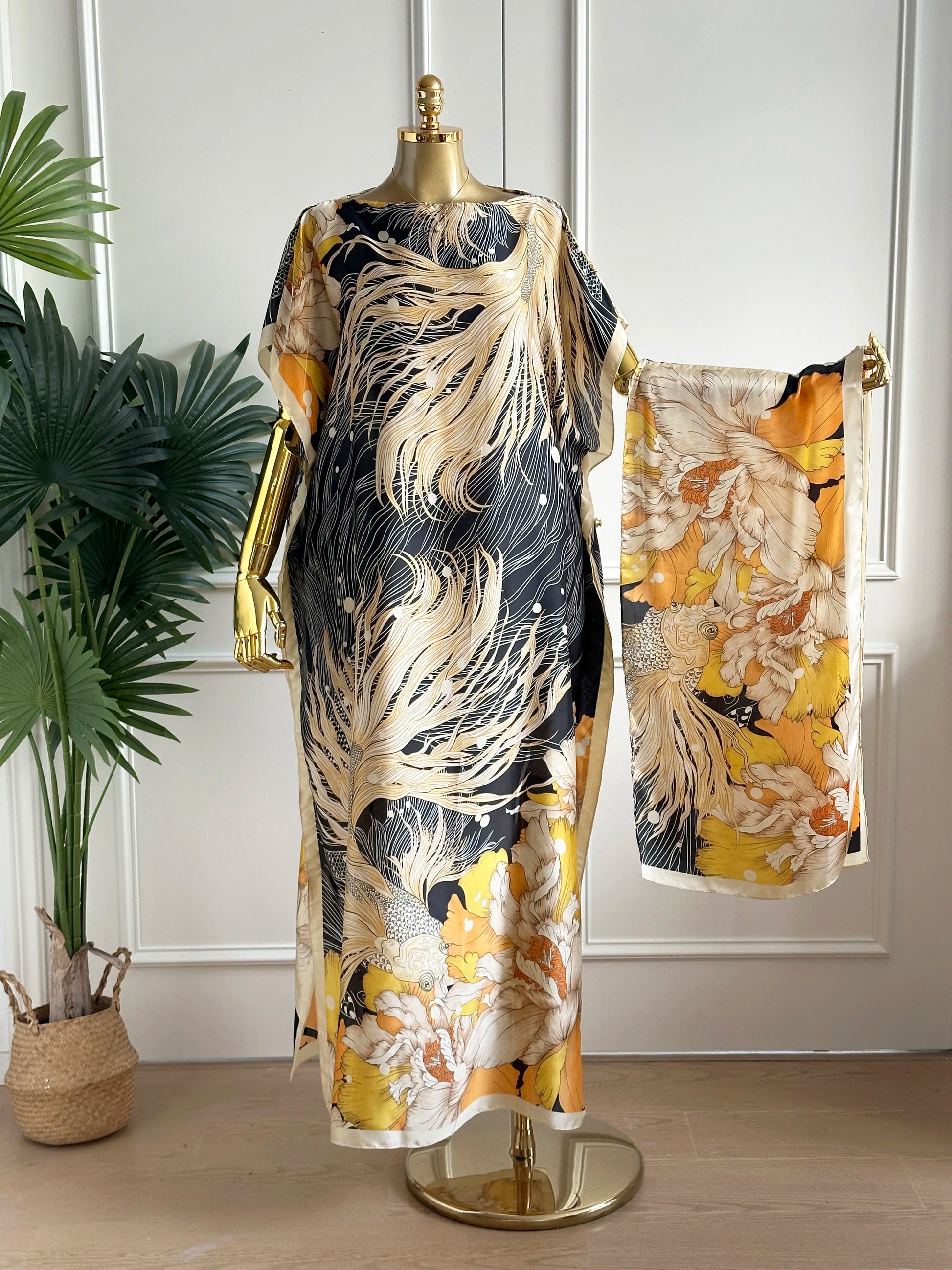 【Moomoo】Women'S Polyester Floral Print Moo Moo & Scarf Set - Lightweight Boho Casual Shawl Dress, Beach Vacation Outfit, Swimwear Pairing, All-Season Ladies Wear 06, Moo Moo for Women