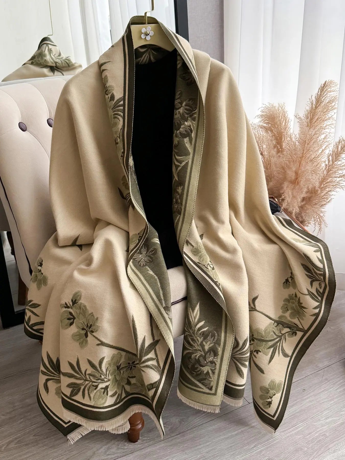 Elegant Floral Knit Scarf for Women, Boho Style Double-Sided Shawl, Fall & Winter Warm Daily Wear, Fitted Design, Floral Print Scarf, Boho Floral Scarves