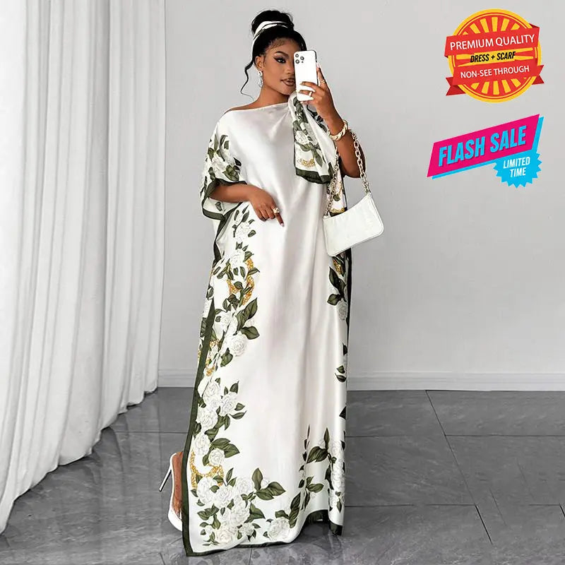 Moomoo Women'S 2 Piece Sets, Bohemian Peacock & Plants Satin Cape Robe with Scarf, plus Size Friendly Maxi Cover up for Resort, Hand Wash, Bathing Suit, Beach Wear, Bathing Suit Cover, Silky, Bikini Coverup, Moo Moo for Women, Stylish Women'S Wear