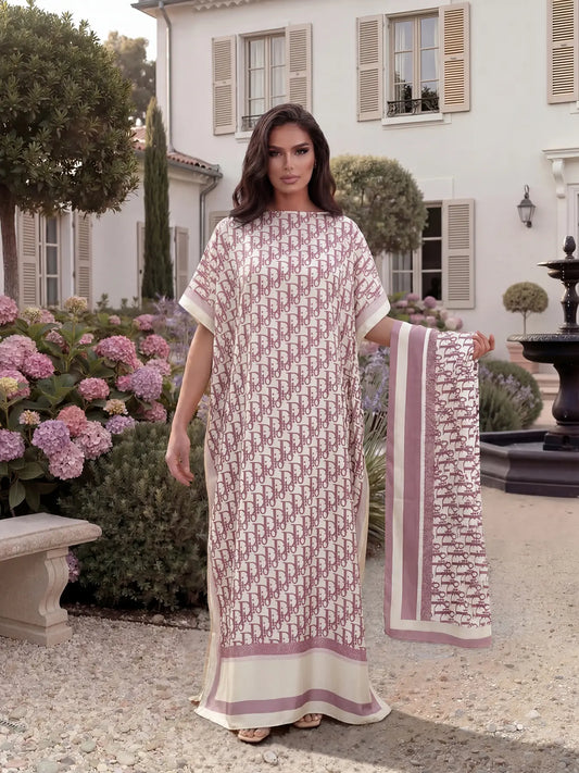 Women'S Elegant Chic Style All over Print Long Dress & Scarf, Beach Sun Protection Fitted Matching Set for Summer Womenswear