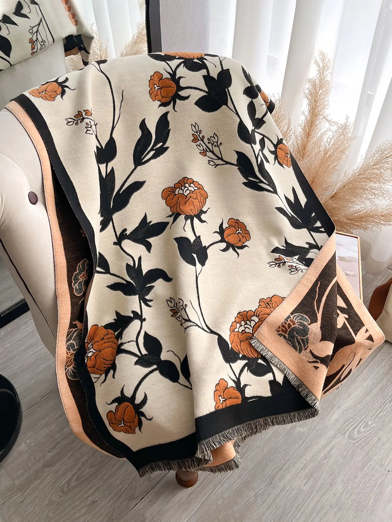 Elegant Floral Knit Scarf for Women, Boho Style Double-Sided Shawl, Fall & Winter Warm Daily Wear, Fitted Design, Floral Print Scarf, Boho Floral Scarves