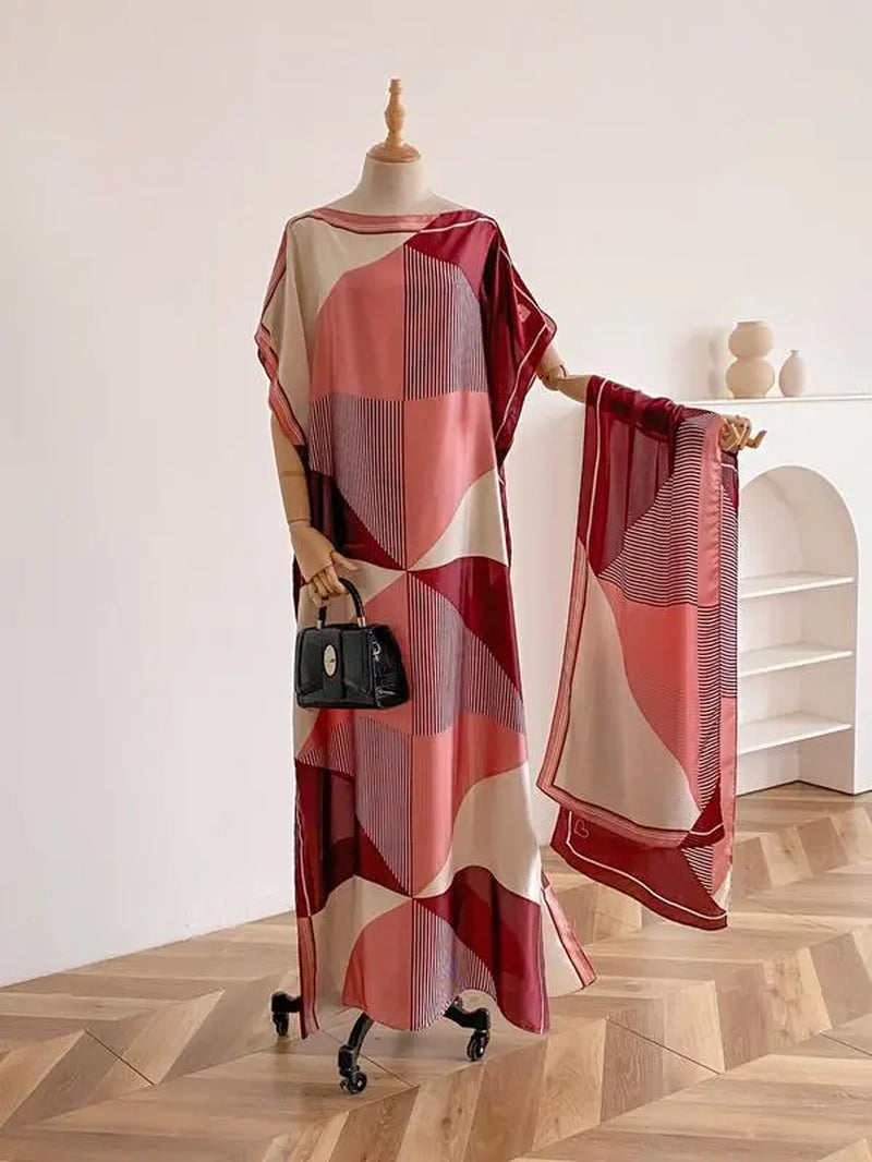 【Moomoo】Women'S Polyester Floral Print Moo Moo & Scarf Set - Lightweight Boho Casual Shawl Dress, Beach Vacation Outfit, Swimwear Pairing, All-Season Ladies Wear 06, Moo Moo for Women