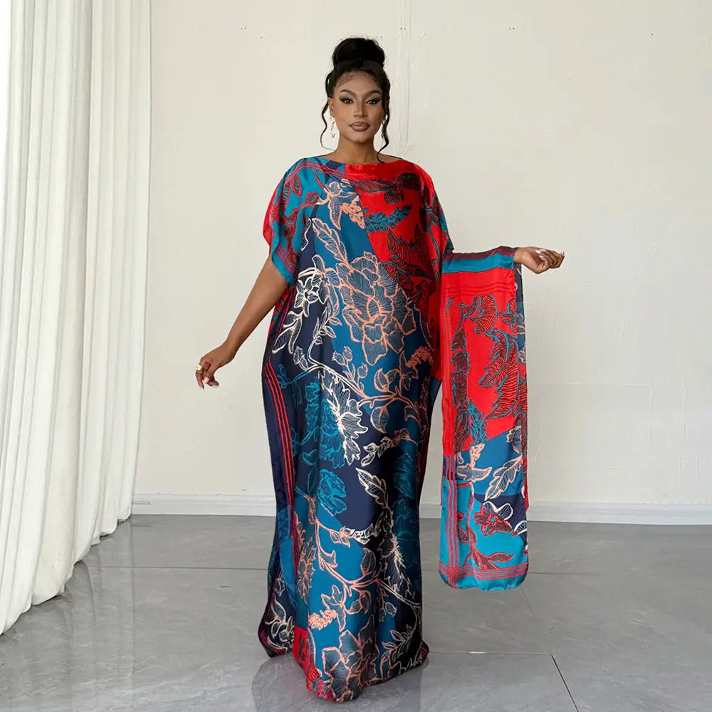 Moomoo Women'S 2 Piece Sets, Bohemian Peacock & Plants Satin Cape Robe with Scarf, plus Size Friendly Maxi Cover up for Resort, Hand Wash, Bathing Suit, Beach Wear, Bathing Suit Cover, Silky, Bikini Coverup, Moo Moo for Women, Stylish Women'S Wear