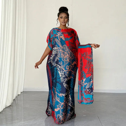 Moomoo Women'S 2 Piece Sets, Bohemian Peacock & Plants Satin Cape Robe with Scarf, plus Size Friendly Maxi Cover up for Resort, Hand Wash, Bathing Suit, Beach Wear, Bathing Suit Cover, Silky, Bikini Coverup, Moo Moo for Women, Stylish Women'S Wear