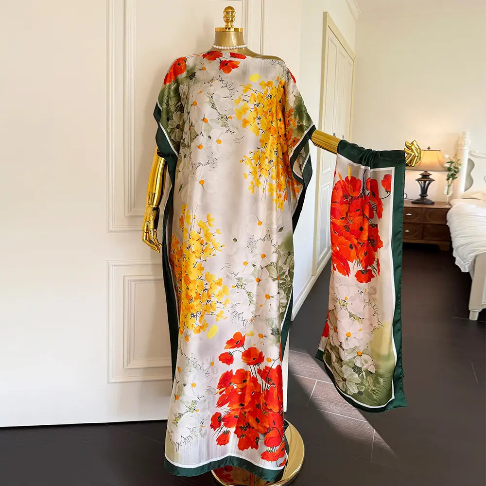 Moomoo Women'S 2 Piece Sets, Bohemian Peacock & Plants Satin Cape Robe with Scarf, plus Size Friendly Maxi Cover up for Resort, Hand Wash, Bathing Suit, Beach Wear, Bathing Suit Cover, Silky, Bikini Coverup, Moo Moo for Women, Stylish Women'S Wear