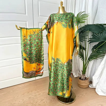 Moomoo Women'S 2 Piece Sets, Bohemian Peacock & Plants Satin Cape Robe with Scarf, plus Size Friendly Maxi Cover up for Resort, Hand Wash, Bathing Suit, Beach Wear, Bathing Suit Cover, Silky, Bikini Coverup, Moo Moo for Women, Stylish Women'S Wear