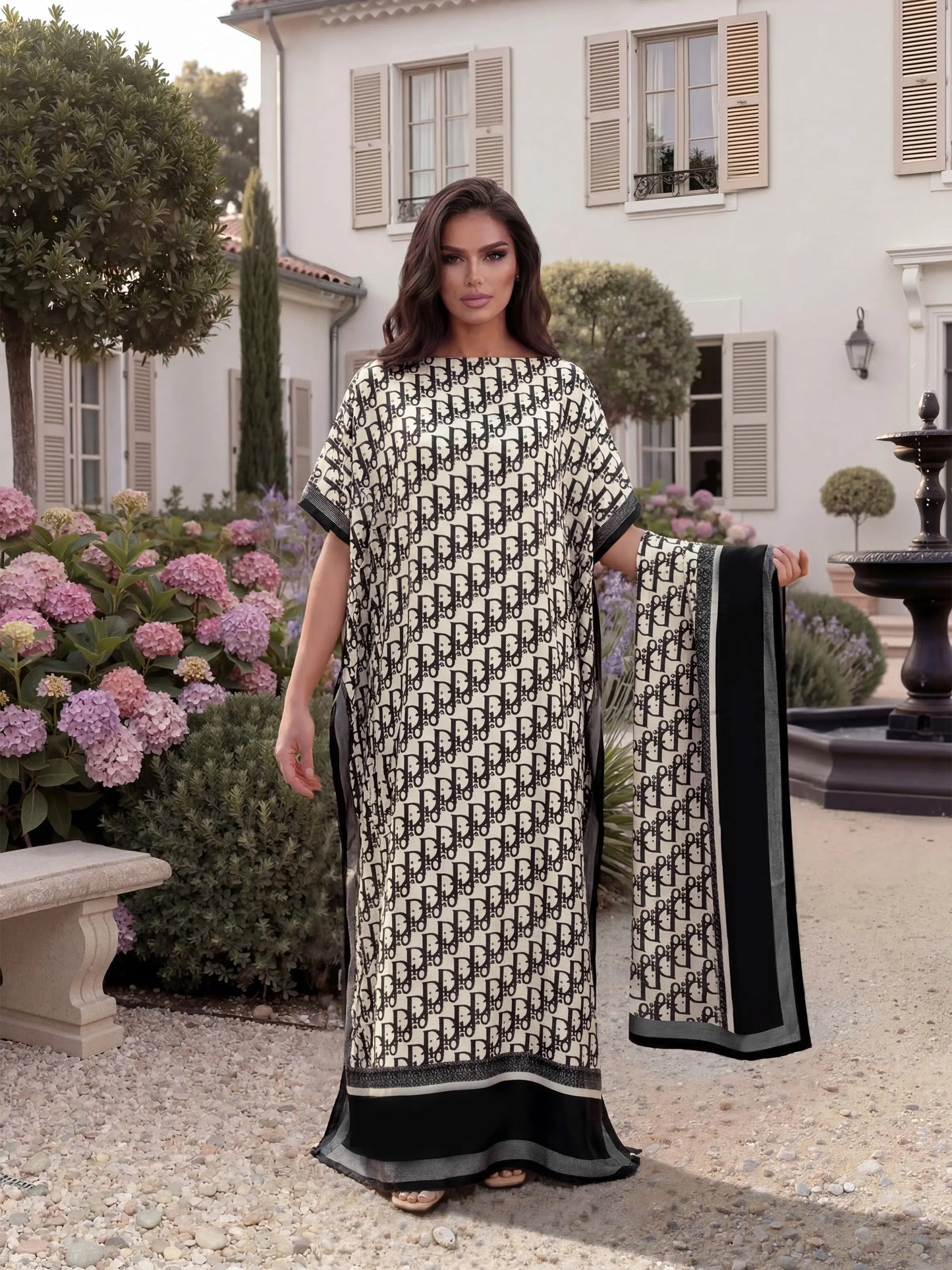 Women'S Elegant Chic Style All over Print Long Dress & Scarf, Beach Sun Protection Fitted Matching Set for Summer Womenswear
