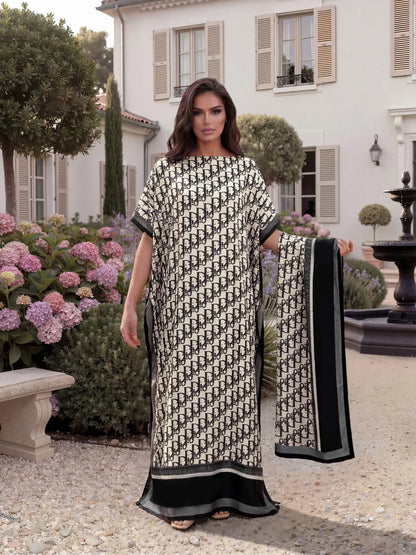 Women'S Elegant Chic Style All over Print Long Dress & Scarf, Beach Sun Protection Fitted Matching Set for Summer Womenswear