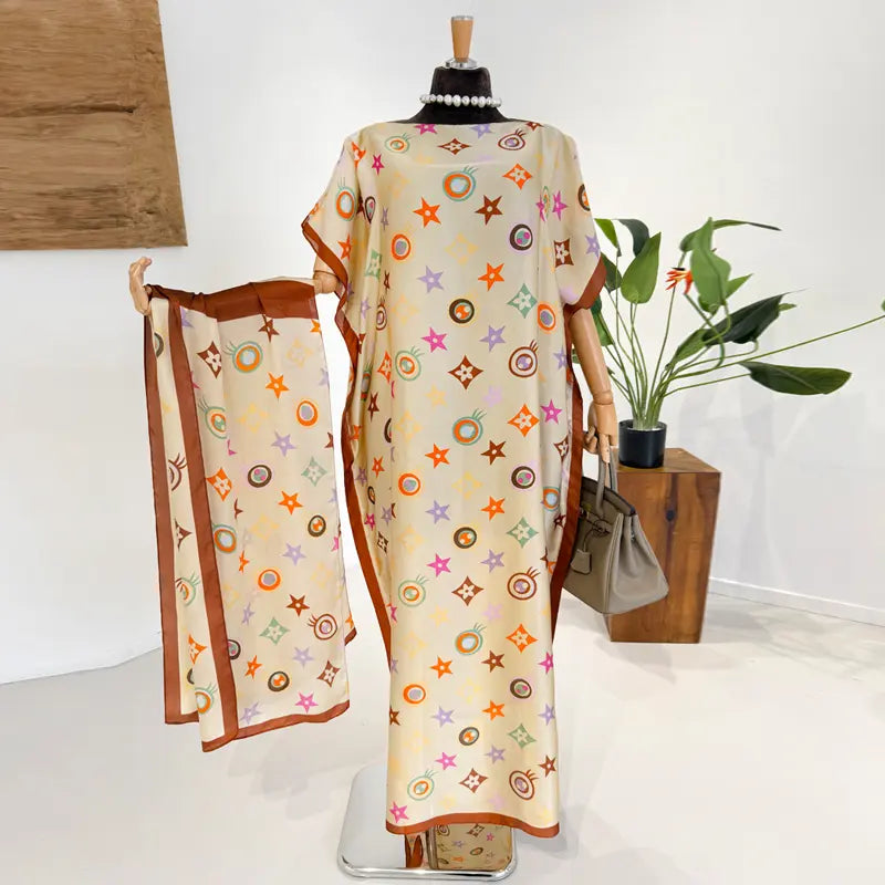 Moomoo Women'S 2 Piece Sets, Bohemian Peacock & Plants Satin Cape Robe with Scarf, plus Size Friendly Maxi Cover up for Resort, Hand Wash, Bathing Suit, Beach Wear, Bathing Suit Cover, Silky, Bikini Coverup, Moo Moo for Women, Stylish Women'S Wear