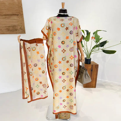 Moomoo Women'S 2 Piece Sets, Bohemian Peacock & Plants Satin Cape Robe with Scarf, plus Size Friendly Maxi Cover up for Resort, Hand Wash, Bathing Suit, Beach Wear, Bathing Suit Cover, Silky, Bikini Coverup, Moo Moo for Women, Stylish Women'S Wear