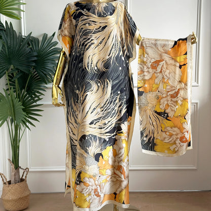 【Moomoo】Women'S Polyester Floral Print Moo Moo & Scarf Set - Lightweight Boho Casual Shawl Dress, Beach Vacation Outfit, Swimwear Pairing, All-Season Ladies Wear 06, Moo Moo for Women