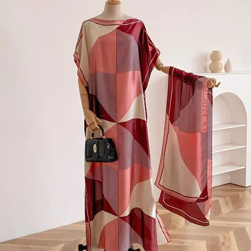 【Moomoo】Women'S Polyester Floral Print Moo Moo & Scarf Set - Lightweight Boho Casual Shawl Dress, Beach Vacation Outfit, Swimwear Pairing, All-Season Ladies Wear 06, Moo Moo for Women