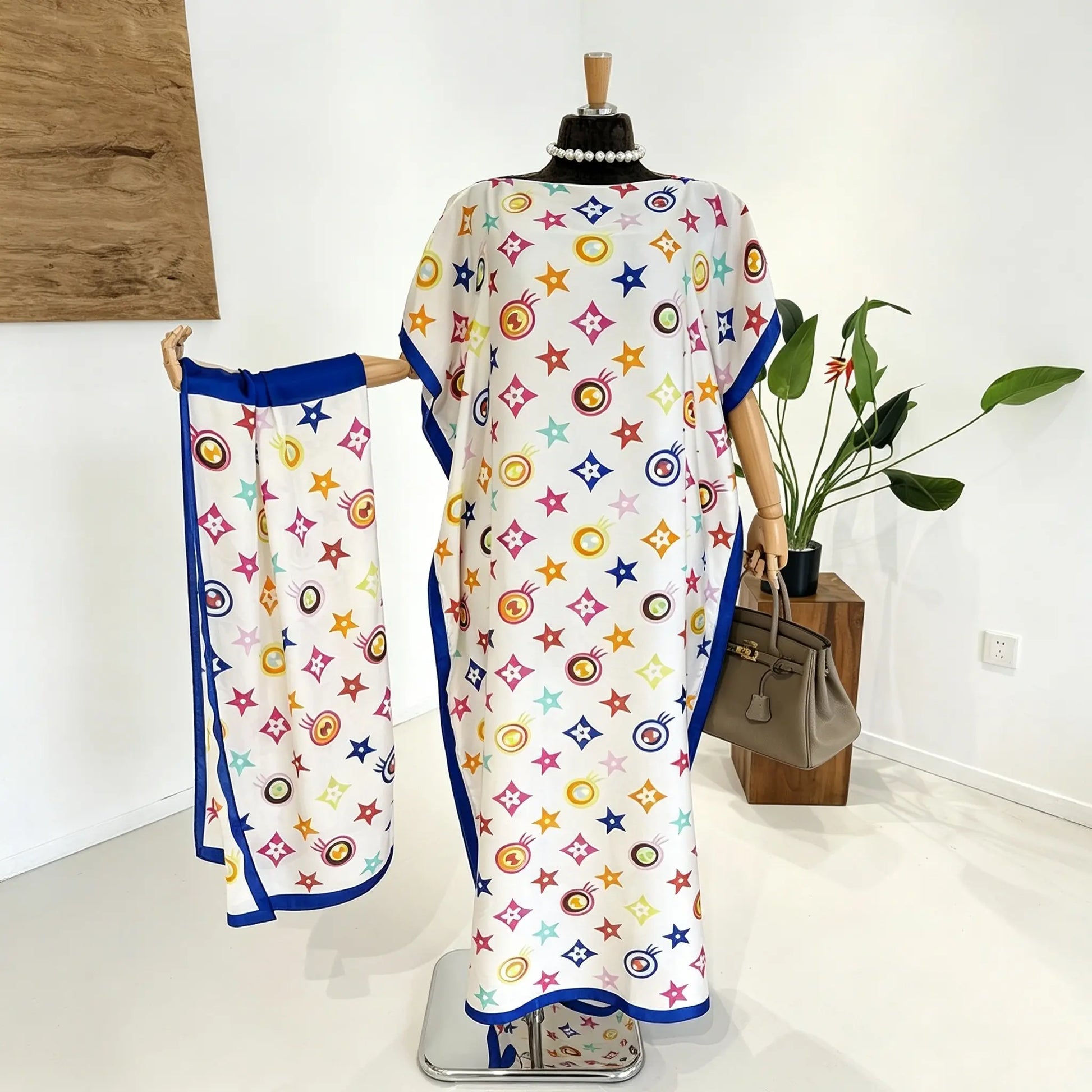 Moomoo Women'S 2 Piece Sets, Bohemian Peacock & Plants Satin Cape Robe with Scarf, plus Size Friendly Maxi Cover up for Resort, Hand Wash, Bathing Suit, Beach Wear, Bathing Suit Cover, Silky, Bikini Coverup, Moo Moo for Women, Stylish Women'S Wear