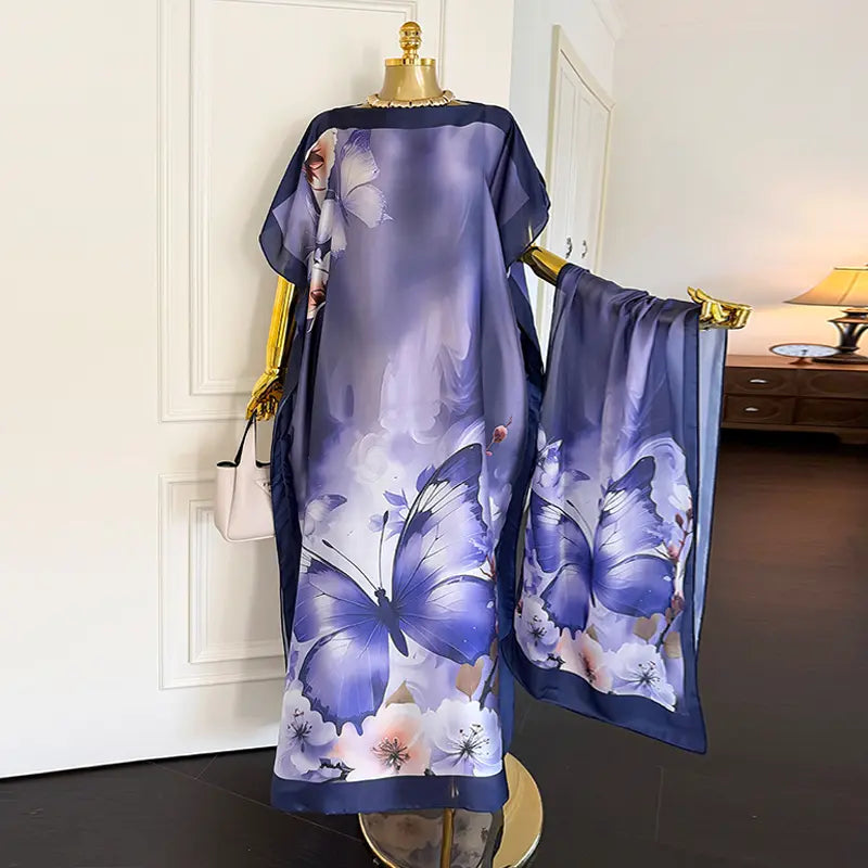 Moomoo Women'S 2 Piece Sets, Bohemian Peacock & Plants Satin Cape Robe with Scarf, plus Size Friendly Maxi Cover up for Resort, Hand Wash, Bathing Suit, Beach Wear, Bathing Suit Cover, Silky, Bikini Coverup, Moo Moo for Women, Stylish Women'S Wear