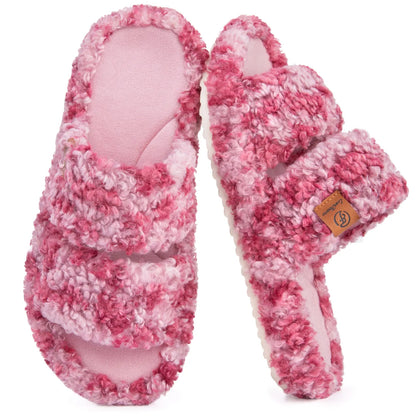Everfoams Women'S Fuzzy Open-Toe Slippers – Stylish Classic Slides with Soft Memory Foam, Non-Slip Rubber Sole, Perfect Cozy Footwear ,Girl Fur Flipflop Walking Shoes Fluffy Modern Sleeper Slip on Clog, Gifts for Mom, Summervibes, Mother'S Day Gift