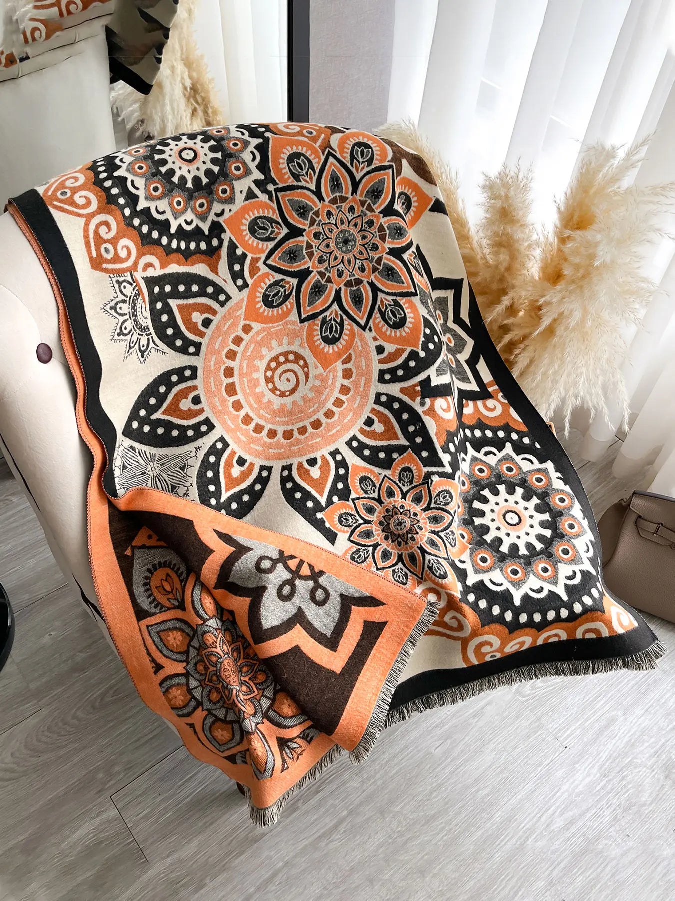 Elegant Floral Knit Scarf for Women, Boho Style Double-Sided Shawl, Fall & Winter Warm Daily Wear, Fitted Design, Floral Print Scarf, Boho Floral Scarves