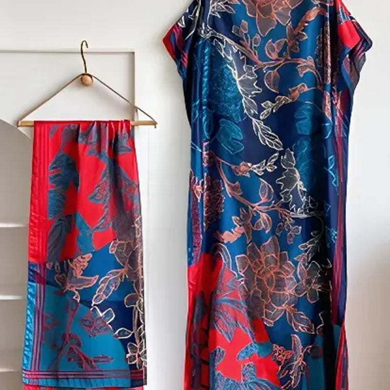 【Moomoo】Women'S Polyester Floral Print Moo Moo & Scarf Set - Lightweight Boho Casual Shawl Dress, Beach Vacation Outfit, Swimwear Pairing, All-Season Ladies Wear 06, Moo Moo for Women
