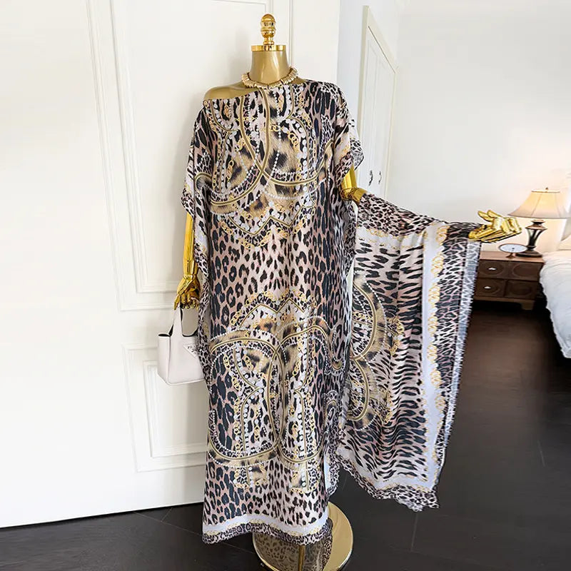 Moomoo Women'S 2 Piece Sets, Bohemian Peacock & Plants Satin Cape Robe with Scarf, plus Size Friendly Maxi Cover up for Resort, Hand Wash, Bathing Suit, Beach Wear, Bathing Suit Cover, Silky, Bikini Coverup, Moo Moo for Women, Stylish Women'S Wear