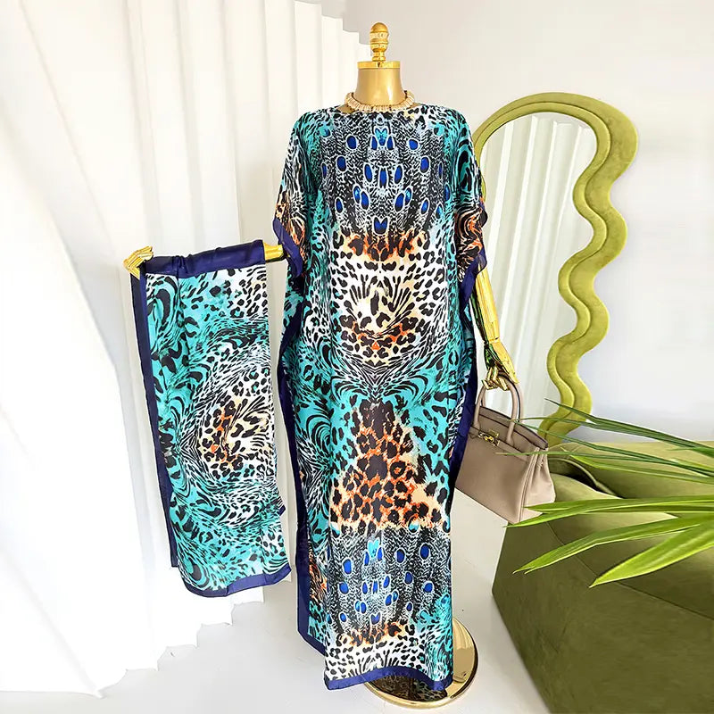 Moomoo Women'S 2 Piece Sets, Bohemian Peacock & Plants Satin Cape Robe with Scarf, plus Size Friendly Maxi Cover up for Resort, Hand Wash, Bathing Suit, Beach Wear, Bathing Suit Cover, Silky, Bikini Coverup, Moo Moo for Women, Stylish Women'S Wear