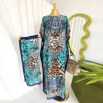 Moomoo Women'S 2 Piece Sets, Bohemian Peacock & Plants Satin Cape Robe with Scarf, plus Size Friendly Maxi Cover up for Resort, Hand Wash, Bathing Suit, Beach Wear, Bathing Suit Cover, Silky, Bikini Coverup, Moo Moo for Women, Stylish Women'S Wear