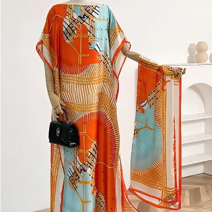 【Moomoo】Women'S Polyester Floral Print Moo Moo & Scarf Set - Lightweight Boho Casual Shawl Dress, Beach Vacation Outfit, Swimwear Pairing, All-Season Ladies Wear 06, Moo Moo for Women