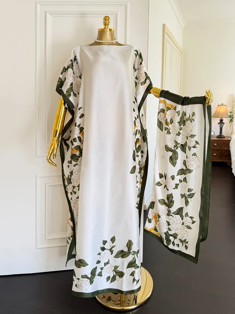 Moomoo Women'S 2 Piece Sets, Bohemian Peacock & Plants Satin Cape Robe with Scarf, plus Size Friendly Maxi Cover up for Resort, Hand Wash, Bathing Suit, Beach Wear, Bathing Suit Cover, Silky, Bikini Coverup, Moo Moo for Women, Stylish Women'S Wear