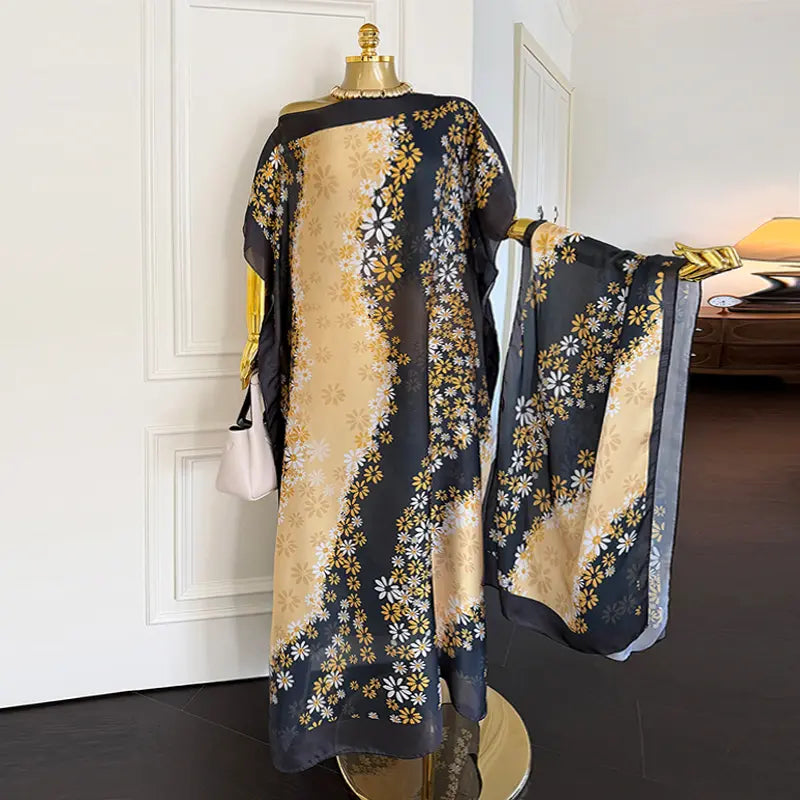 Moomoo Women'S 2 Piece Sets, Bohemian Peacock & Plants Satin Cape Robe with Scarf, plus Size Friendly Maxi Cover up for Resort, Hand Wash, Bathing Suit, Beach Wear, Bathing Suit Cover, Silky, Bikini Coverup, Moo Moo for Women, Stylish Women'S Wear