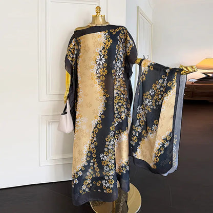 Moomoo Women'S 2 Piece Sets, Bohemian Peacock & Plants Satin Cape Robe with Scarf, plus Size Friendly Maxi Cover up for Resort, Hand Wash, Bathing Suit, Beach Wear, Bathing Suit Cover, Silky, Bikini Coverup, Moo Moo for Women, Stylish Women'S Wear