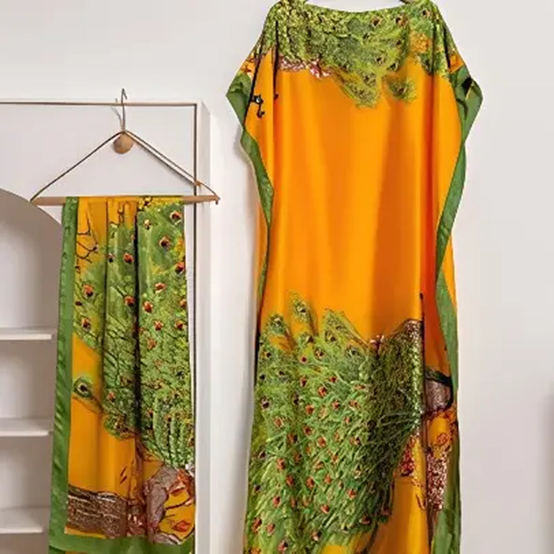 【Moomoo】Women'S Polyester Floral Print Moo Moo & Scarf Set - Lightweight Boho Casual Shawl Dress, Beach Vacation Outfit, Swimwear Pairing, All-Season Ladies Wear 06, Moo Moo for Women