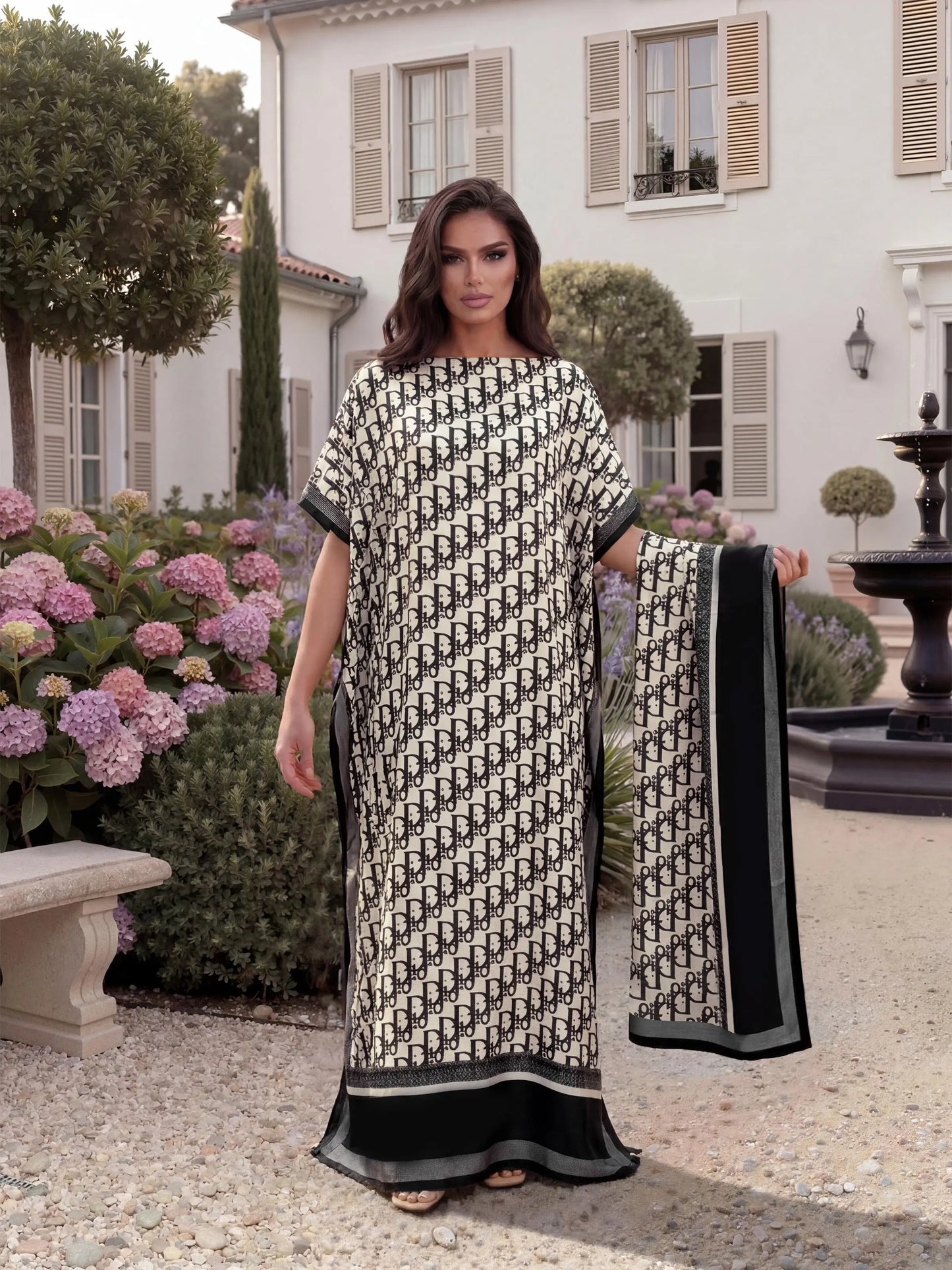 Women'S Elegant Chic Style All over Print Long Dress & Scarf, Beach Sun Protection Fitted Matching Set for Summer Womenswear