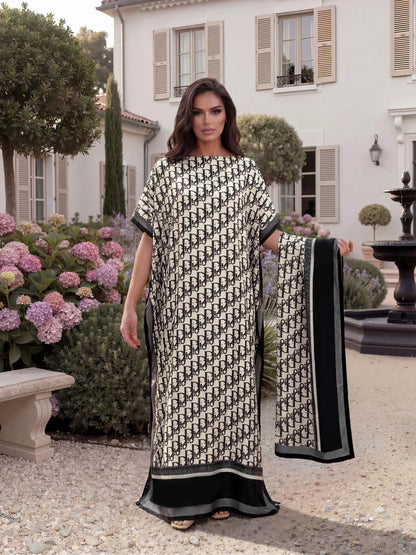 Women'S Elegant Chic Style All over Print Long Dress & Scarf, Beach Sun Protection Fitted Matching Set for Summer Womenswear