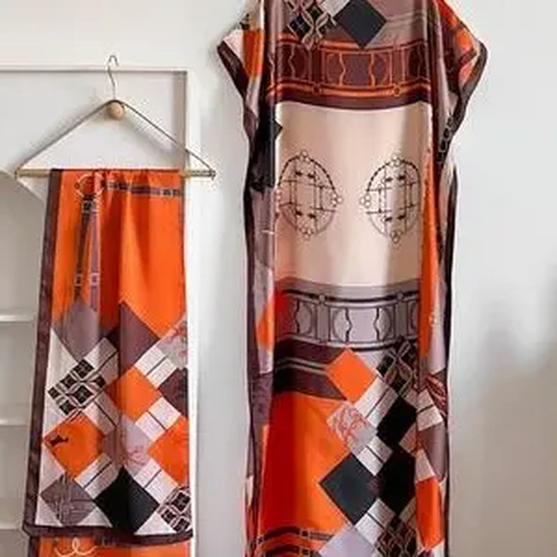 【Moomoo】Women'S Polyester Floral Print Moo Moo & Scarf Set - Lightweight Boho Casual Shawl Dress, Beach Vacation Outfit, Swimwear Pairing, All-Season Ladies Wear 06, Moo Moo for Women