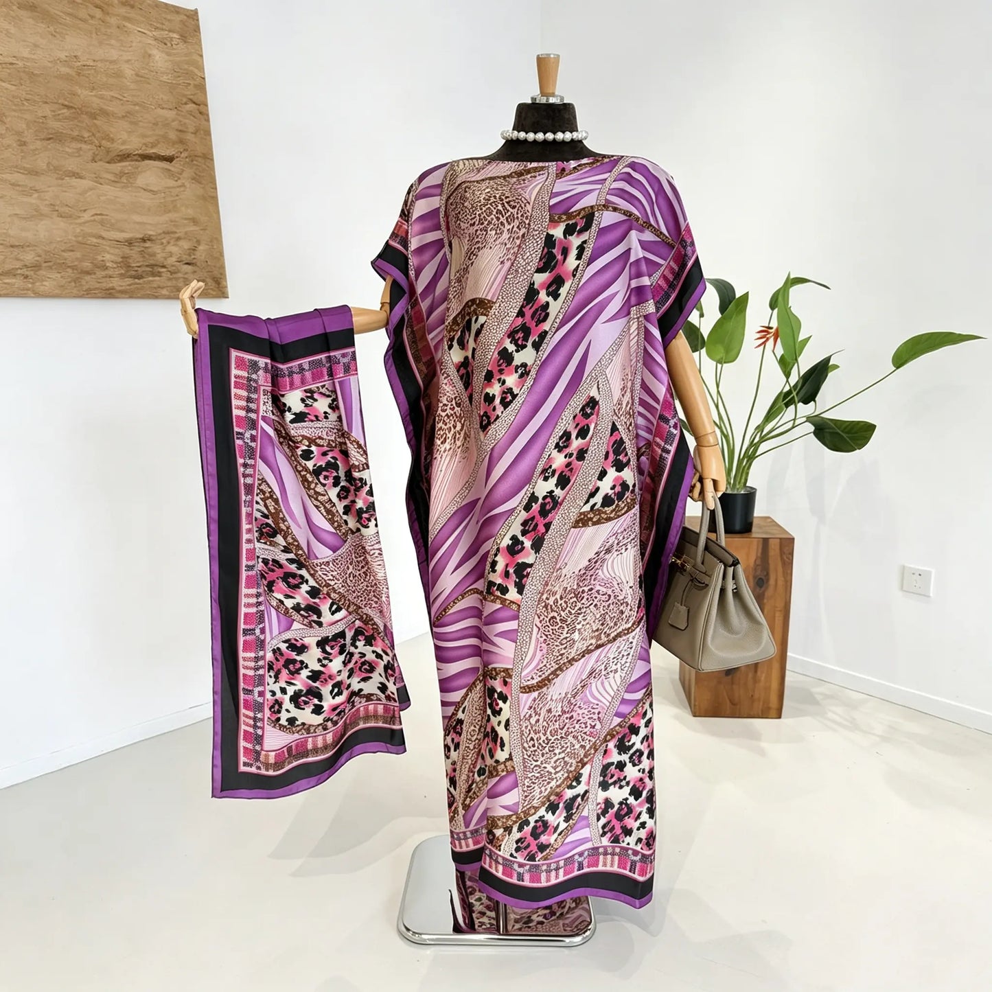 Moomoo Women'S 2 Piece Sets, Bohemian Peacock & Plants Satin Cape Robe with Scarf, plus Size Friendly Maxi Cover up for Resort, Hand Wash, Bathing Suit, Beach Wear, Bathing Suit Cover, Silky, Bikini Coverup, Moo Moo for Women, Stylish Women'S Wear