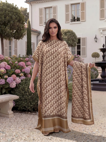 Women'S Elegant Chic Style All over Print Long Dress & Scarf, Beach Sun Protection Fitted Matching Set for Summer Womenswear