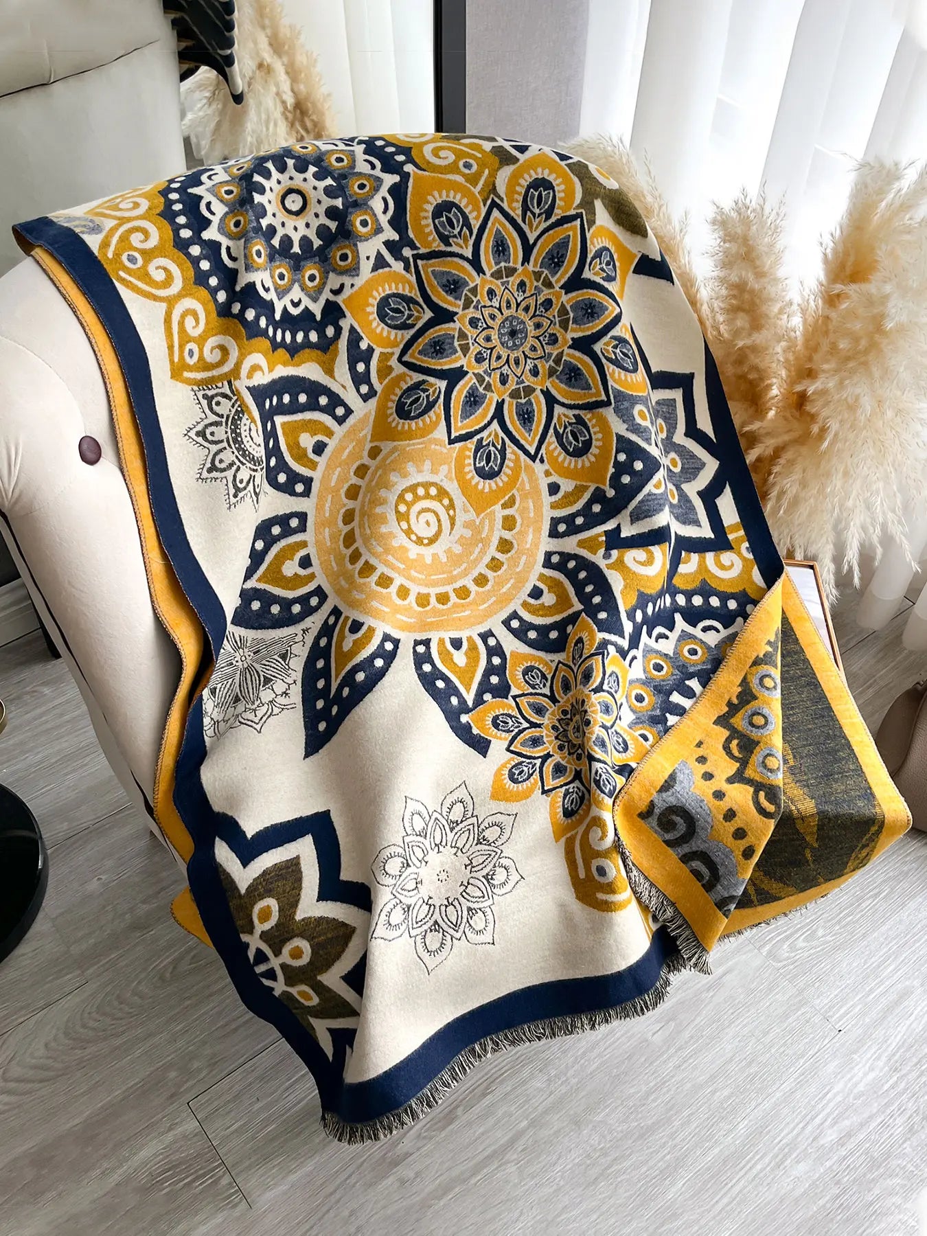 Elegant Floral Knit Scarf for Women, Boho Style Double-Sided Shawl, Fall & Winter Warm Daily Wear, Fitted Design, Floral Print Scarf, Boho Floral Scarves