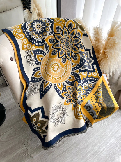 Elegant Floral Knit Scarf for Women, Boho Style Double-Sided Shawl, Fall & Winter Warm Daily Wear, Fitted Design, Floral Print Scarf, Boho Floral Scarves