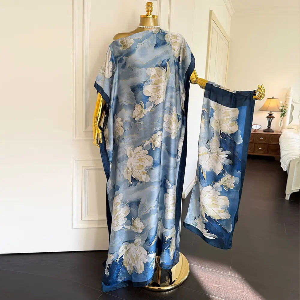 Moomoo Women'S 2 Piece Sets, Bohemian Peacock & Plants Satin Cape Robe with Scarf, plus Size Friendly Maxi Cover up for Resort, Hand Wash, Bathing Suit, Beach Wear, Bathing Suit Cover, Silky, Bikini Coverup, Moo Moo for Women, Stylish Women'S Wear