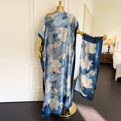Moomoo Women'S 2 Piece Sets, Bohemian Peacock & Plants Satin Cape Robe with Scarf, plus Size Friendly Maxi Cover up for Resort, Hand Wash, Bathing Suit, Beach Wear, Bathing Suit Cover, Silky, Bikini Coverup, Moo Moo for Women, Stylish Women'S Wear