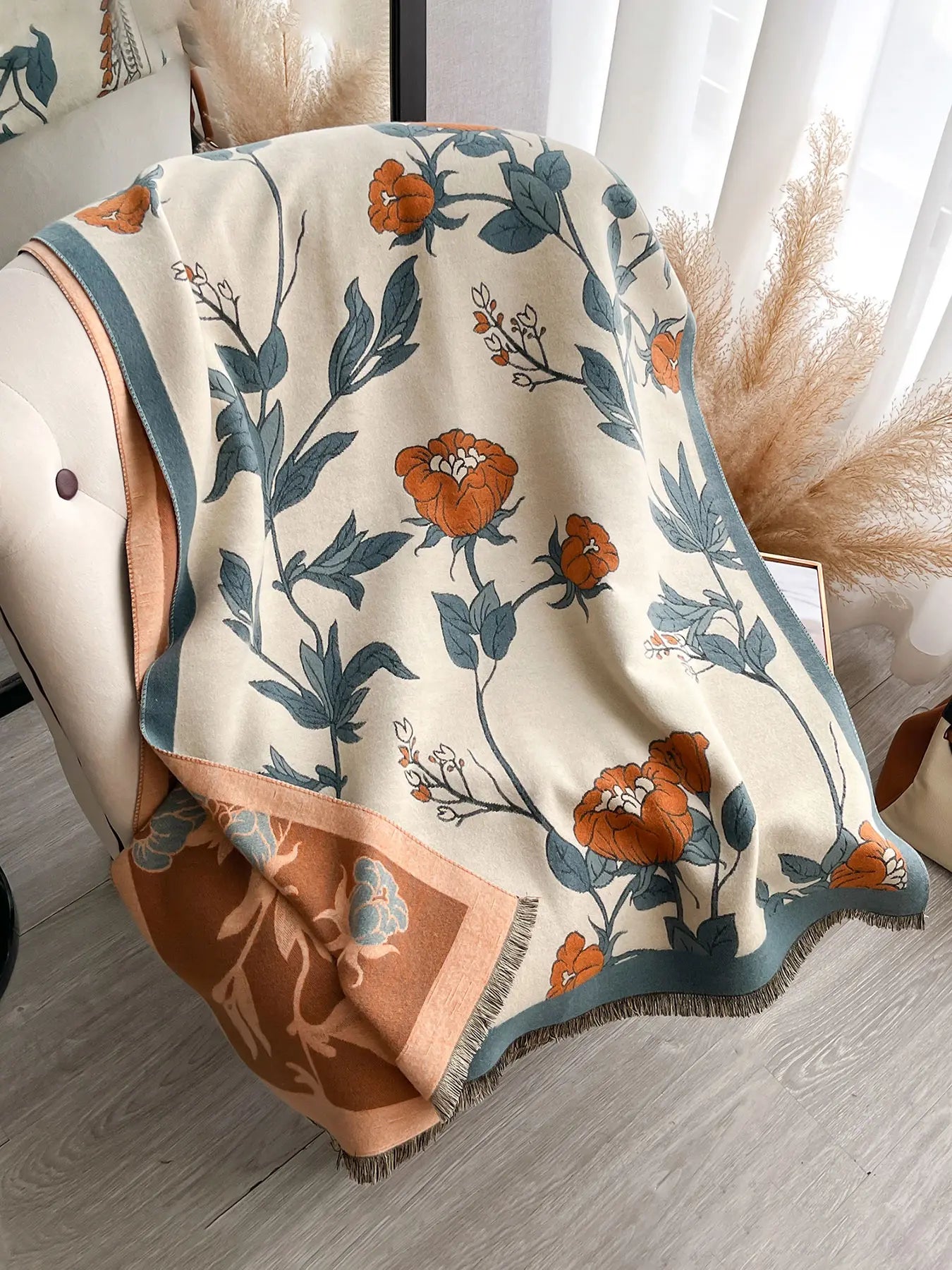 Elegant Floral Knit Scarf for Women, Boho Style Double-Sided Shawl, Fall & Winter Warm Daily Wear, Fitted Design, Floral Print Scarf, Boho Floral Scarves