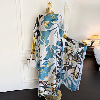 Moomoo Women'S 2 Piece Sets, Bohemian Peacock & Plants Satin Cape Robe with Scarf, plus Size Friendly Maxi Cover up for Resort, Hand Wash, Bathing Suit, Beach Wear, Bathing Suit Cover, Silky, Bikini Coverup, Moo Moo for Women, Stylish Women'S Wear