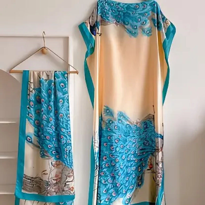 【Moomoo】Women'S Polyester Floral Print Moo Moo & Scarf Set - Lightweight Boho Casual Shawl Dress, Beach Vacation Outfit, Swimwear Pairing, All-Season Ladies Wear 06, Moo Moo for Women