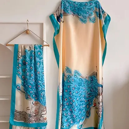 【Moomoo】Women'S Polyester Floral Print Moo Moo & Scarf Set - Lightweight Boho Casual Shawl Dress, Beach Vacation Outfit, Swimwear Pairing, All-Season Ladies Wear 06, Moo Moo for Women