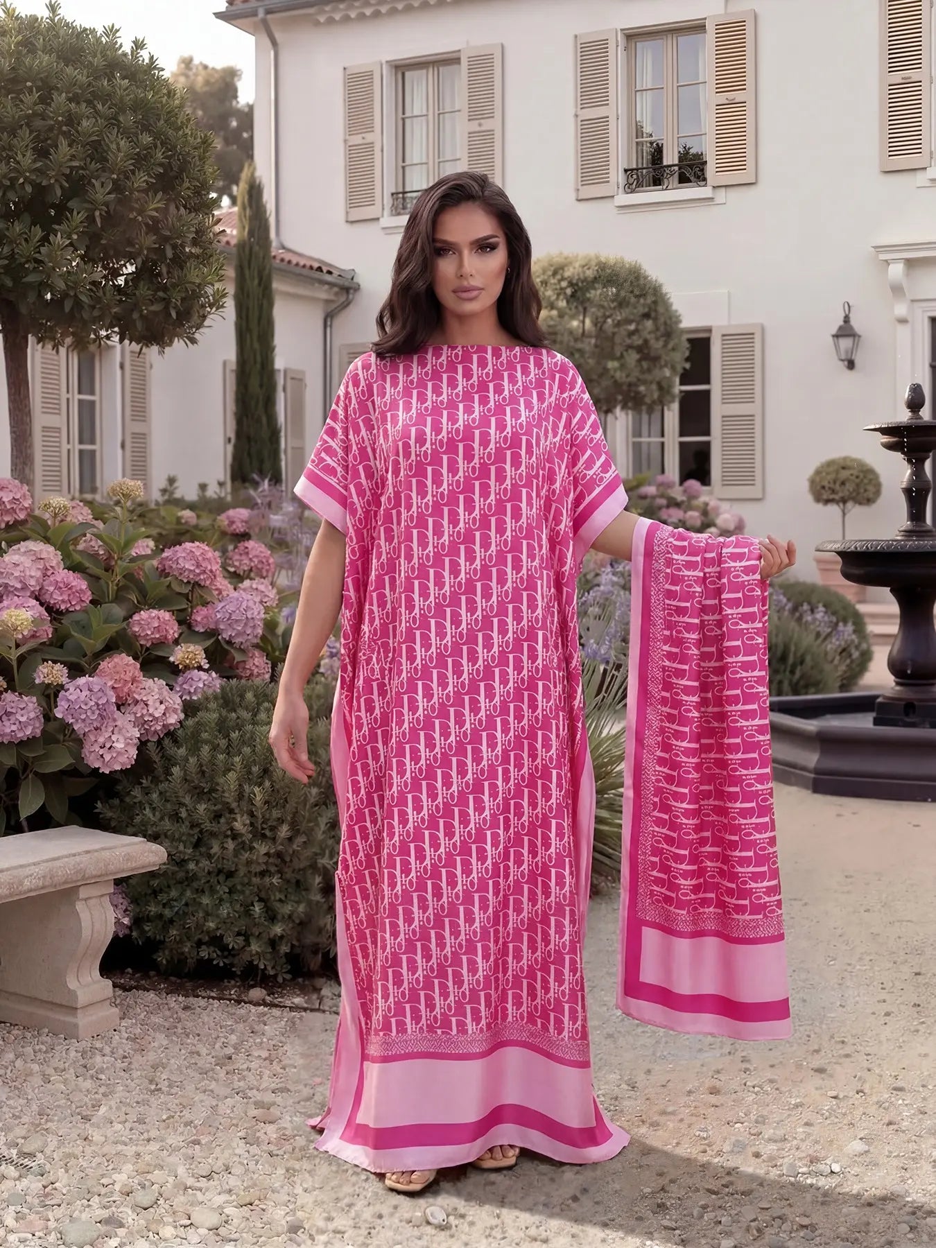 Women'S Elegant Chic Style All over Print Long Dress & Scarf, Beach Sun Protection Fitted Matching Set for Summer Womenswear