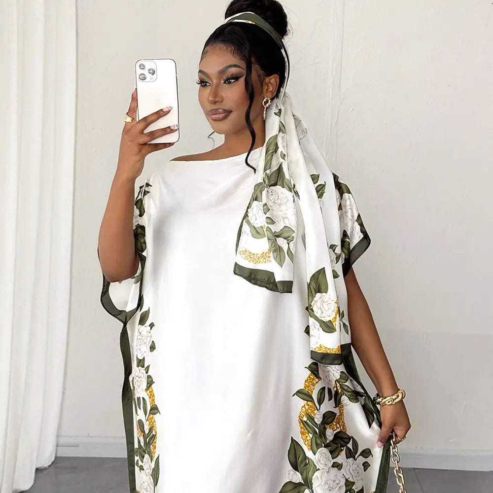 Moomoo Women'S 2 Piece Sets, Bohemian Peacock & Plants Satin Cape Robe with Scarf, plus Size Friendly Maxi Cover up for Resort, Hand Wash, Bathing Suit, Beach Wear, Bathing Suit Cover, Silky, Bikini Coverup, Moo Moo for Women, Stylish Women'S Wear