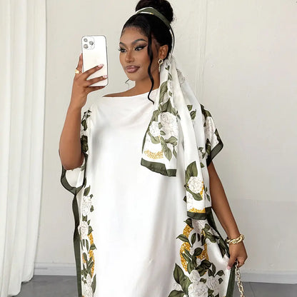 Moomoo Women'S 2 Piece Sets, Bohemian Peacock & Plants Satin Cape Robe with Scarf, plus Size Friendly Maxi Cover up for Resort, Hand Wash, Bathing Suit, Beach Wear, Bathing Suit Cover, Silky, Bikini Coverup, Moo Moo for Women, Stylish Women'S Wear