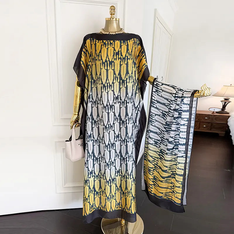 Moomoo Women'S 2 Piece Sets, Bohemian Peacock & Plants Satin Cape Robe with Scarf, plus Size Friendly Maxi Cover up for Resort, Hand Wash, Bathing Suit, Beach Wear, Bathing Suit Cover, Silky, Bikini Coverup, Moo Moo for Women, Stylish Women'S Wear